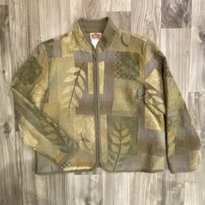 Barn Fly L Muted Green Leaf Print Zip Front Light Jacket/Sweater‎ PRISTINE!